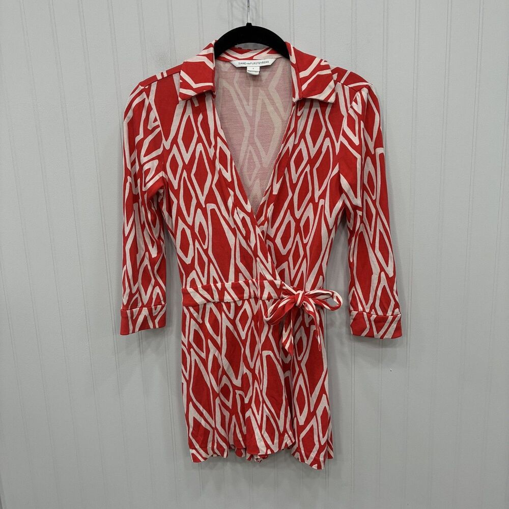 Diane Von Furstenberg DVF Women's Size 2 Orange/White Celeste Wrap Silk Romper